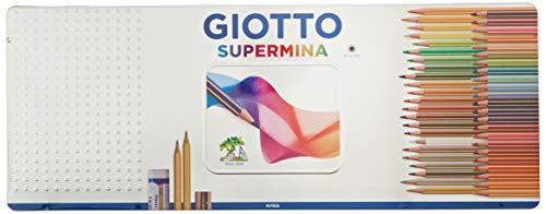 GIOTTO Supermina - Astuccio in Metallo da 50 Matite a Pastello Colorate + 2 Matite HB, Temperamatite e Gomma, 3.8mm, 50 Colori Assortiti