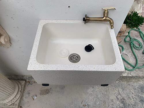 PILOZZA SOSPESA IN GRANIGLIA DI MARMO COMPLETA DI STAFFE IN FERRO BATTUTO, LAVABO PER ESTERNO, LAVATOIO SOSPESO, LAVANDINO PER GIARDINO, LAVELLO DA TERRAZZO, PILETTA SQUARE 45 X 35 X H 20 CM