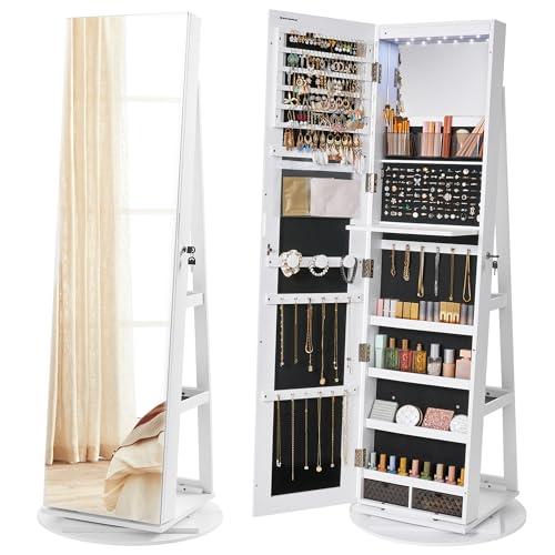 SONGMICS Specchio Portagioie con 6 Luci a LED e Chiusura, Armadietto Portagioie Girevole a 360°, Specchio a Figura Intera senza Cornice, 3 Ripiani, Superficie Marrone Cenere