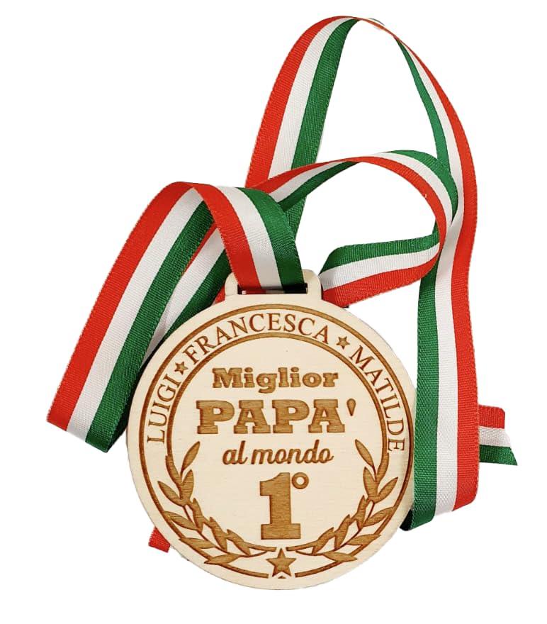 Medaglia Personalizzata per il Papà Migliore, con Nastro Tricolore Italiano, idea Regalo personalizzata festa del papà babbo - varianti legno inciso o plexiglas a colori (legno inciso)