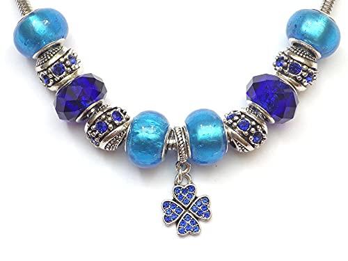 Collana in acciaio inox Charms Modello Thurcolas Manhattan con ciondolo a forma di trifoglio con cristalli blu