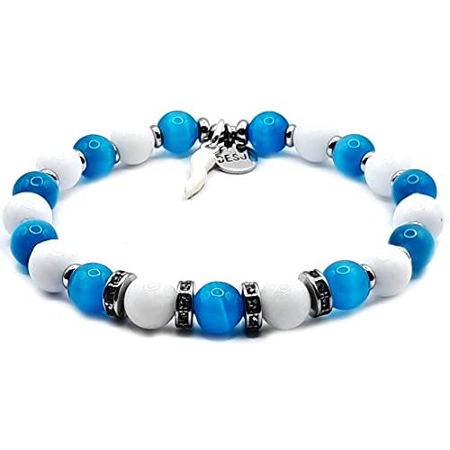 Bracciale uomo donna pietre dure naturali Occhio di gatto azzurro e Agata bianca con corno portafortuna argento 925 braccialetto unisex