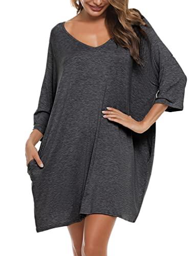 Bresdk Camicia da Notte Donna Cotone Modal Morbida Camicie da Notte Manica 3/4 Scollo a V Eleganti Taglie Forti Vestiti Premaman con Tasche Vestaglia Parto Ospedale Premaman, Grigio Scuro, XL