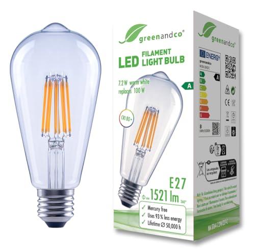 greenandco Lampadina a filamento LED | trasparente | E27 ST64 | 7,2 W 1521 lm | sostituisce 100 W | 3000 K bianco caldo | 320° | 230 V | senza sfarfallio | Classe energetica A | non dimmerabile