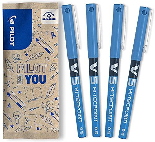 PILOT - Set di 4 V5 - Penna roller con Inchiostro liquido e punta Fine per una scrittura fluida e precisa - Asciugatura rapida, non sanguina - Blu - Punta Fine (0,5 mm)