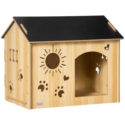 PawHut Cuccia per Cani da Interno, Casetta per Cani e Gatti con Struttura in Legno e Aperture a Forma di Zampa, Cuore e Ossa, Cuccetta per Soggiorno e Salotto, Rovere