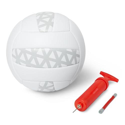 Amazon Basics - Pallone Pallavolo Misura 5 con Pompa, Uso Interno ed Esterno, Pallone da Allenamento PVC Effetto Pelle con Cuciture Rinforzate e Camera d'Aria in Butile, Bianco e Grigio