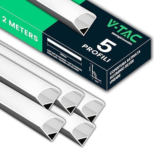 V-TAC 5x Profili Angolari da 2 METRI per Strisce Led - (20 Metri Totali) - Profili per Strisce LED in Alluminio con Copertura Opaca - Colore Argento - Angoli 21,3 x 15,8mm