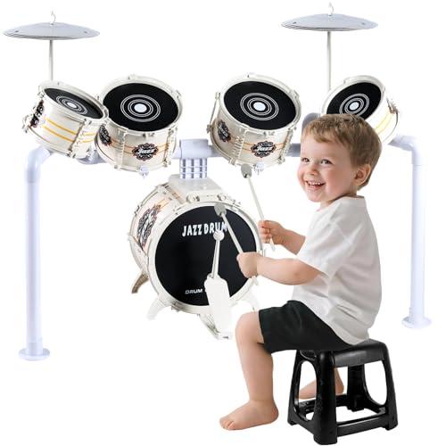 Orvyna Batteria per Bambini, Set di Batteria Jazz per Bambini 5 tamburi con Sgabello, Strumenti Musicali Percussione Giocattolo Educazione Giocattoli per 3 4 5 6 7 anni Ragazze Ragazzi