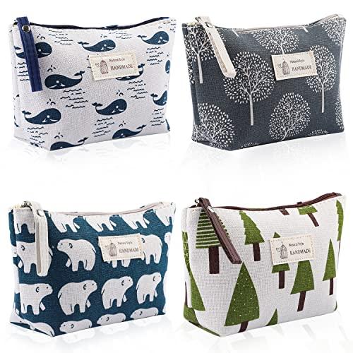 4 Pezzi Borsa Cosmetica in Tela, Borsa Trucchi Stampate Pochette Donna da Borsa Multifunzionale Portatile Borsa da Viaggio con Cerniera per Regali Natale Donna Bambina Viaggi e Deposito