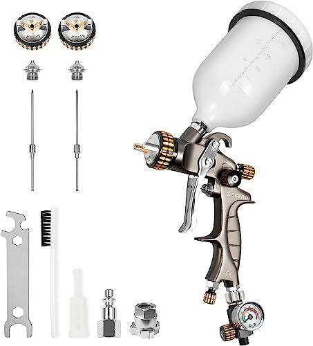BEETRO Pistola a spruzzo HVLP, 600 ml, 14,5 CFM, 30-43 psi. Ugelli inox 1,4/1,8 mm, adattatore tipo 2, valvola regolazione aria e filtro. Professionale a gravità.