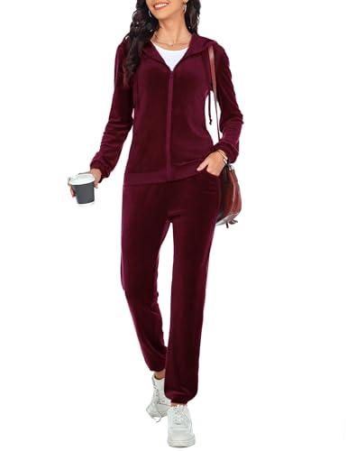 Aottori Tuta Donna Velluto Ciniglia Invernale Da Ginnastica Casual Completa Sportiva Casa Manica Lunga Pigiami Due Pezzi Felpa Con Cappuccio e Pantaloni Vino Rosso S