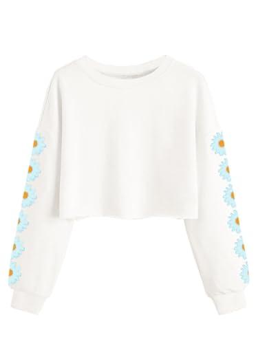Imily Bela Felpa da ragazza con margherite pinted crop top carino per bambini maglione a maniche lunghe pullover t-shirt vestiti, bianco, 140-150