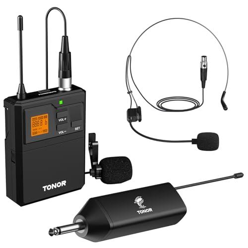 TONOR Microfono Wireless UHF con Microfono archetto/Lavalier Microphone Lapel Mic e Trasmettitore Bodypack e Mini Ricevitore Ricaricabile 1/4