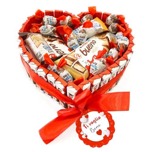 Onza Box dolci Kinder Bueno regalo - Calza Befana Kinder da regalare per Natale - Assortimento di Cioccolatini Kinder, Happy Hippo, Schokobons, Kinder Cioccolato - Torta Kinder a forma di cuore.