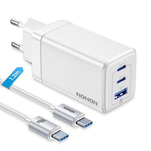 NOHON Caricatore USB C da 65 W, alimentatore di rete: 3 porte PD con PPS, caricatore rapido USB-C da 140 W di tipo C 1,2 m, compatibile con iPhone 16 15 14 13 12, iPad Pro/Air, Galaxy S24/23 (bianco)