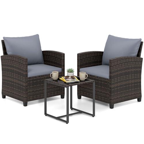 COSTWAY Set Mobili da Giardino 3 Pezzi, Salotto da Esterno in Rattan PE con 2 Poltrone e 1 Tavolino in Vetro Temperato, Set da Conversazione con Cuscini Sfoderabili per Patio (Grigio, Modello 5)