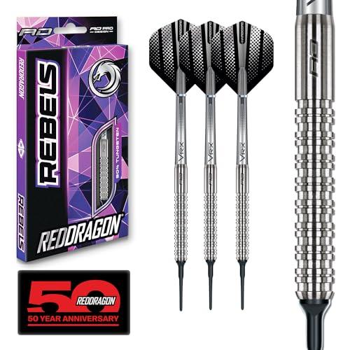 RED DRAGON Rebel 18g barile / 20g Peso Pieno Punta Morbida Set di Freccette in tungsteno all'90% con voli e aste per Freccette