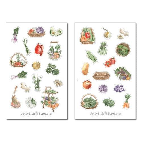 Set di adesivi sulle verdure - sticker per ricettario, sticker per diario, sticker per ricette, cucina, frutta, cibo, mercato, sostenibilità, verde, ambiente
