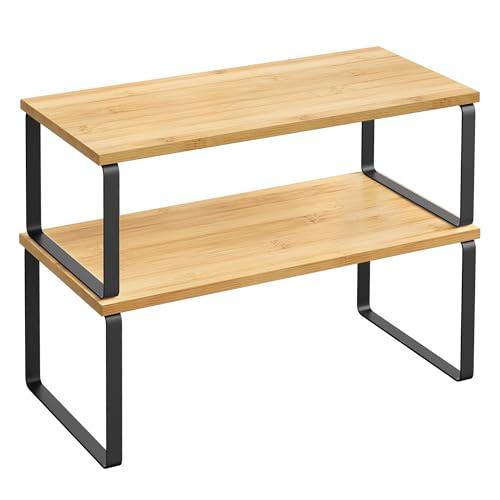 SONGMICS Scaffale Portaspezie, Set di 2 Organizzatori da Cucina Espandibili, Scaffale da Cucina Impilabile, Metallo e Legno Ingegnerizzato, Nero Inchiostro e Beige Naturale KCS200B01