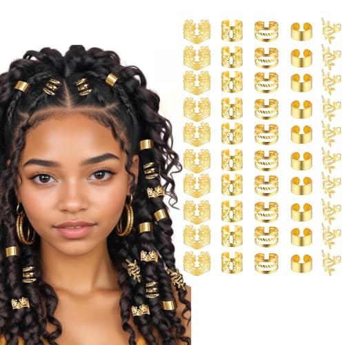Confezione di 50 accessorii per dreadlocks per donne, gioielli per treccia, gioielli per capelli dorati per treccia, anelli per capelli