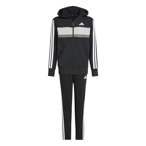 adidas Unisex - Bambini SEASONAL ESSENTIALS TIBERIO 3 STRIPES FLEECE TRACKSUIT, black/white/grey two, 7-8 Years