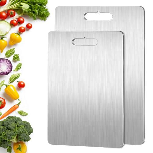 2 Pezzi Tagliere in Titanio, 316 Tagliere Acciaio Inox, Doppio Lato per Alimenti,Facile da Pulire,Cutting Board per Verduras,Frutta,Pane(34x23cm+25x15cm)