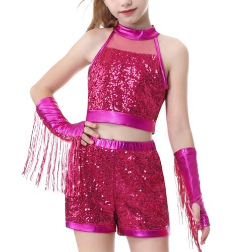 LOLANTA Ragazze Costume da Ballo in Paillettes, Vestito Scintillante da Danza Hip Hop Jazz, Abbigliamento da Danza da Strada per Bambini con Top e Pantaloncini Senza Maniche(Rosa, 7-8 anni, 130)
