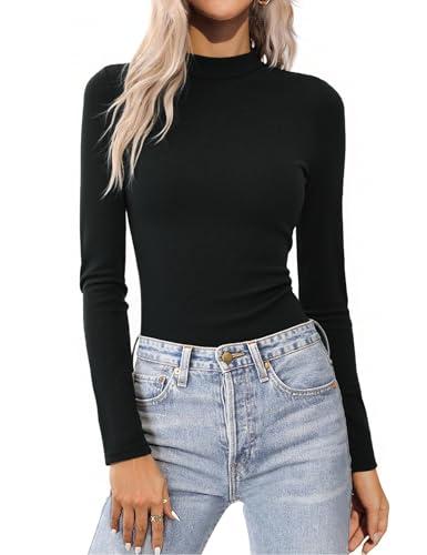 Aottori Maglietta Donna Maniche Lunghe Collo Alto Maglia Dolcevita Interna Slim Termico Top Basic Elegante Lupetto Elasticizzata T-Shirt Autunno Inverno Nero L Nero M