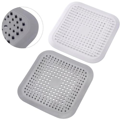 Alyvisun Filtro per Lavello in Silicone, 2Pcs Raccogli Capelli Doccia con Ventosa, Universale Filtro per Capelli Protezione Scarico Anti Capelli per Cucina Bagno (Grigio e Bianco)
