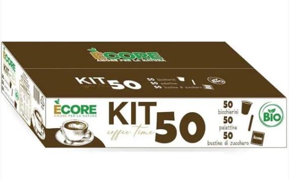 SQUADO ECORE Kit Caffè 150 Pezzi, 50 Bicchierini, 50 Bustine di Zucchero, 50 Palettine, BIO