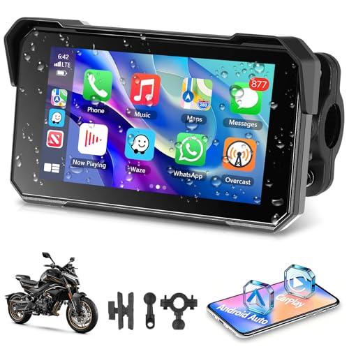 Motorsi Schermo Carplay per Moto con Senza Fili CarPlay e Android Auto, 7 Pollici Impermeabile Touchscreen, Doppio Bluetooth, Navigazione GPS, Siri/G00gle Assistente, Plug-and-Play +64G Card