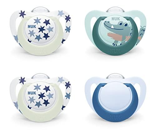 NUK Star Day & Night ciuccio | 18-36 mesi | Calma il 99% dei bambini | Succhietti in silicone senza BPA | Glow-In-The-Dark per trovarli la notte | Coccodrillo | 4 pezzi