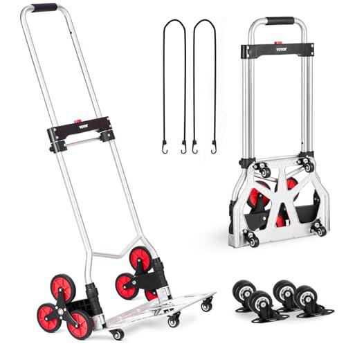 VEVOR Carrello per Salire Scale, Carrello per Salire Scale con Capacità 117,9 kg, Carrello Pieghevole per Carichi Pesanti con Maniglia Telescopica, 10 Ruote 2 Corde Elastiche per Ufficio, Shopping