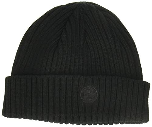 Timberland Men's Ribbed Watch cap with Logo Patch, Black, One Size