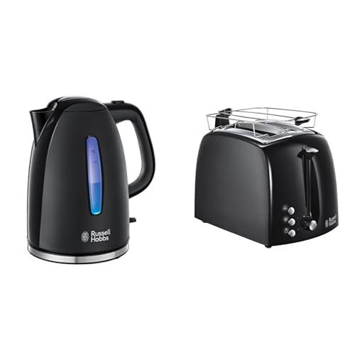 Russell Hobbs Texture Plus 22591-70, Bollitore In Plastica Di Alta Qualità, 1,7 Litri, 2400 W, Nero & 22601-56 Tostapane, 850 W, Strato Esterno In Plastica, 2 Scomparti, Nero