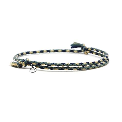 Nato Cuff - Bracciale in Cotone intrecciato - Fatto a mano in Francia - Medaglia in acciaio inossidabile 316L - Gioiello Uomo o Donna regolabile (Kaki)