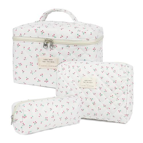 Aucuu Beauty Case, 3 Pezzi Floreale Grande Capacità per Il Trucco, Borsa da Toilette Trapuntata, Beauty Case da Viaggio Cotone Morbido, Beauty Trapuntato Grandei da Toilette Makeup Bag Organizer
