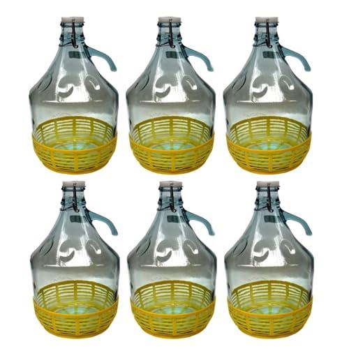 6 x Damigiana, Fiasco, Bottiglie di Vetro, da 5 l, con Chiusura a Tappo ERMENTICO e cestello - Dama Vetro 5L per Acqua Vino Olio - BOCCIONE Vetro per STOCCAGGIO