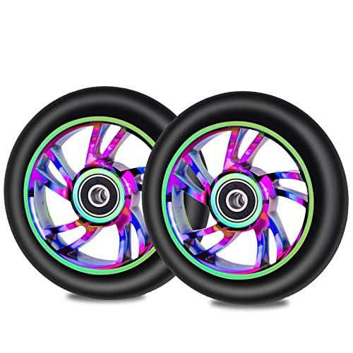 NONMON 2 Pezzi Scooter Ruote per Monopattino Freestyle 100mm 88A con Cuscinetti ABEC 9, Rotelle di Ricambio Sostituzione Wheel Set per PRO Stunt Scooter - Multicolore
