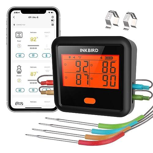 INKBIRD Termometro Barbecue Bluetooth 4 sonde IDT-34C-B,Termometro Carne Wireless con app,Cucina Griglia Cottura