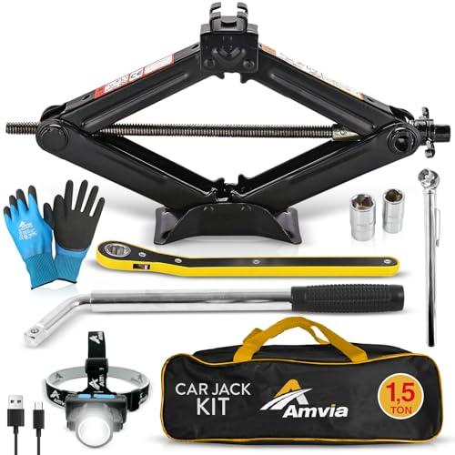 Kit cric per auto | Cric a forbice per auto da 1,5 tonnellate (3.300 libbre) Portatile, ideale per SUV e auto - Kit di emergenza universale per auto con chiave inglese