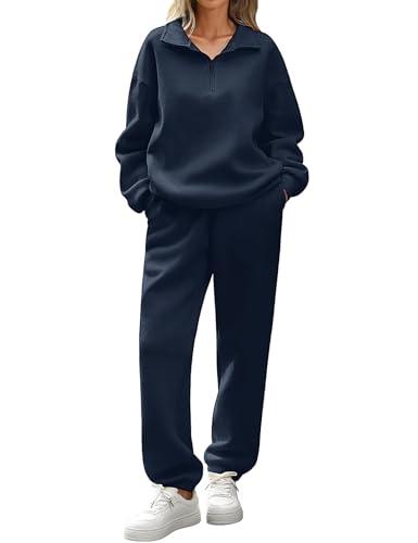Tuopuda Felpa Donna Senza Cappuccio Set da Salotto 2 Pezzi Sweatshirt Manica Lunga con Zip 1/4 e Pantaloni della Tuta Tuta da Ginnastica (Marina Militare,L)
