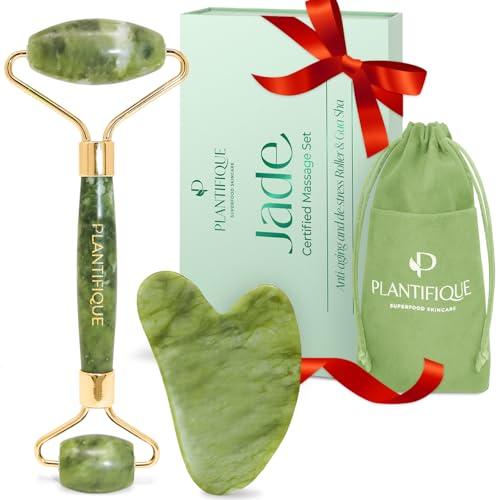 PLANTIFIQUE Rullo Giada Viso e Gua Sha | Jade Roller e Guasha Pietra Massaggiatore Antirughe | Kit Skincare Face Roll Massager | Idea Regalo Completo Facciale Corpo Piedi Massaggio Originale