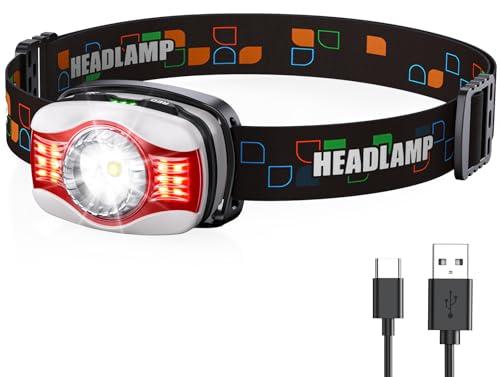 Glangeh Torcia Frontale LED Ricaricabile, Super Luminosa Lampada Frontale con Luce Rossa Bianca, 6 Modalità di Illuminazione, 45° Regolabile, Impermeabile Torcia da Testa per Trekking/Campeggio/Pesca