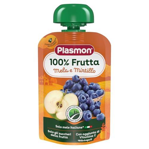 Plasmon 100% Frutta Mela e Mirtillo 100g Pouch Con aggiunta di Vitamina C, solo gli zuccheri della frutta