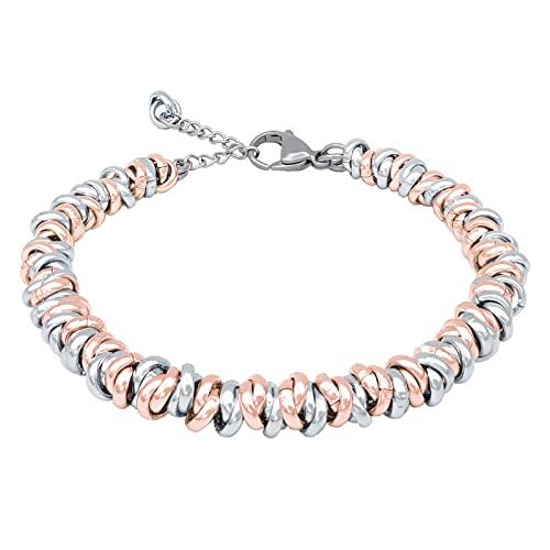 ParticolarModa Bracciale Donna regolabile nodini anelli intrecciati acciaio alluminio morbido 6 mm (Regolabile da 19 a 22 cm (x polso 16-18), Argentato/Rosa)