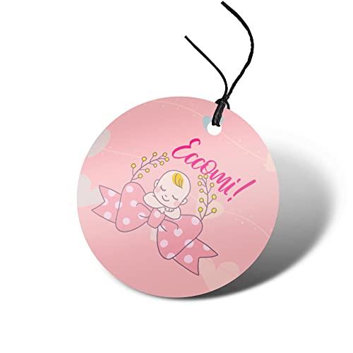 72 Etichette Bigliettini Bomboniera Battesimo Compleanno ECCOMI Rosa e Azzurro (Rosa)