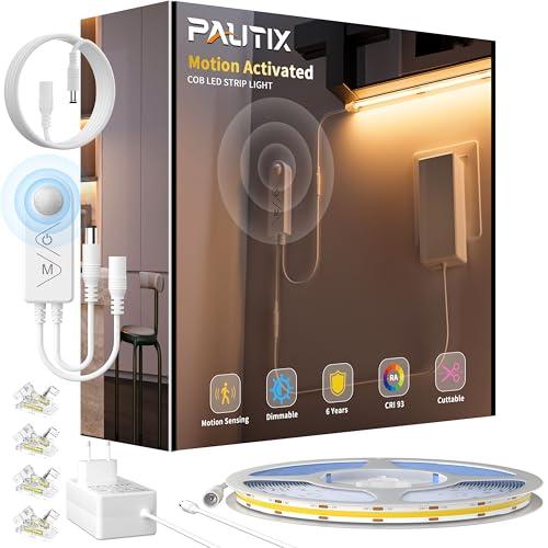 PAUTIX LED Striscia con Movimento Sensore,24V 5M COB LED Strip Motion Sensor Bianca Calda 2700K,Dimmabile Super Luminosa con Doppia illuminazione Modalità per Cucina,Scale,Camera da letto,Armadi