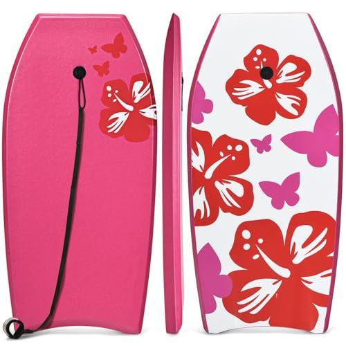HOMASIS Tavoletta da nuoto con corda, bodyboard portatile, con motivo floreale, tavola da surf per adulti e bambini dai 14 anni in su, 105 x 51 cm, rosso rosa